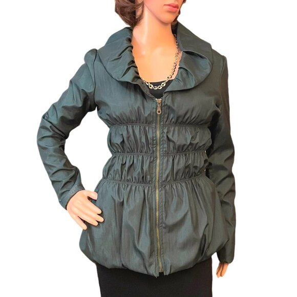 Green Silk Jacket Womens Sz XS to S with Ruffled Collar Cinched Waist - Picture 2 of 12